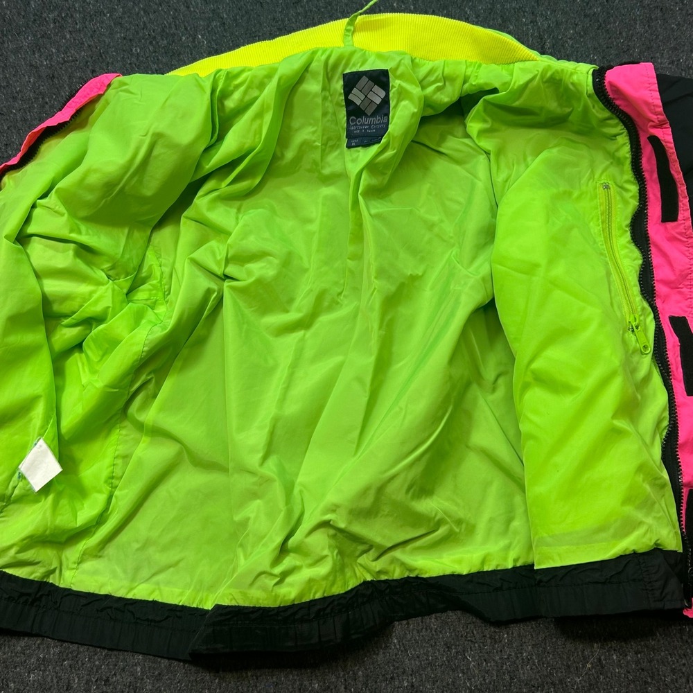 Columbia Windbreaker Jacket XL Mens Black Neon Green Pink Retro 90s Colorblock - Picture 5 of 8